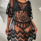 Lace Embroidered Beach Cover-up Sexy See Through Vacation Sun Protection Shirt Beach Cover Up