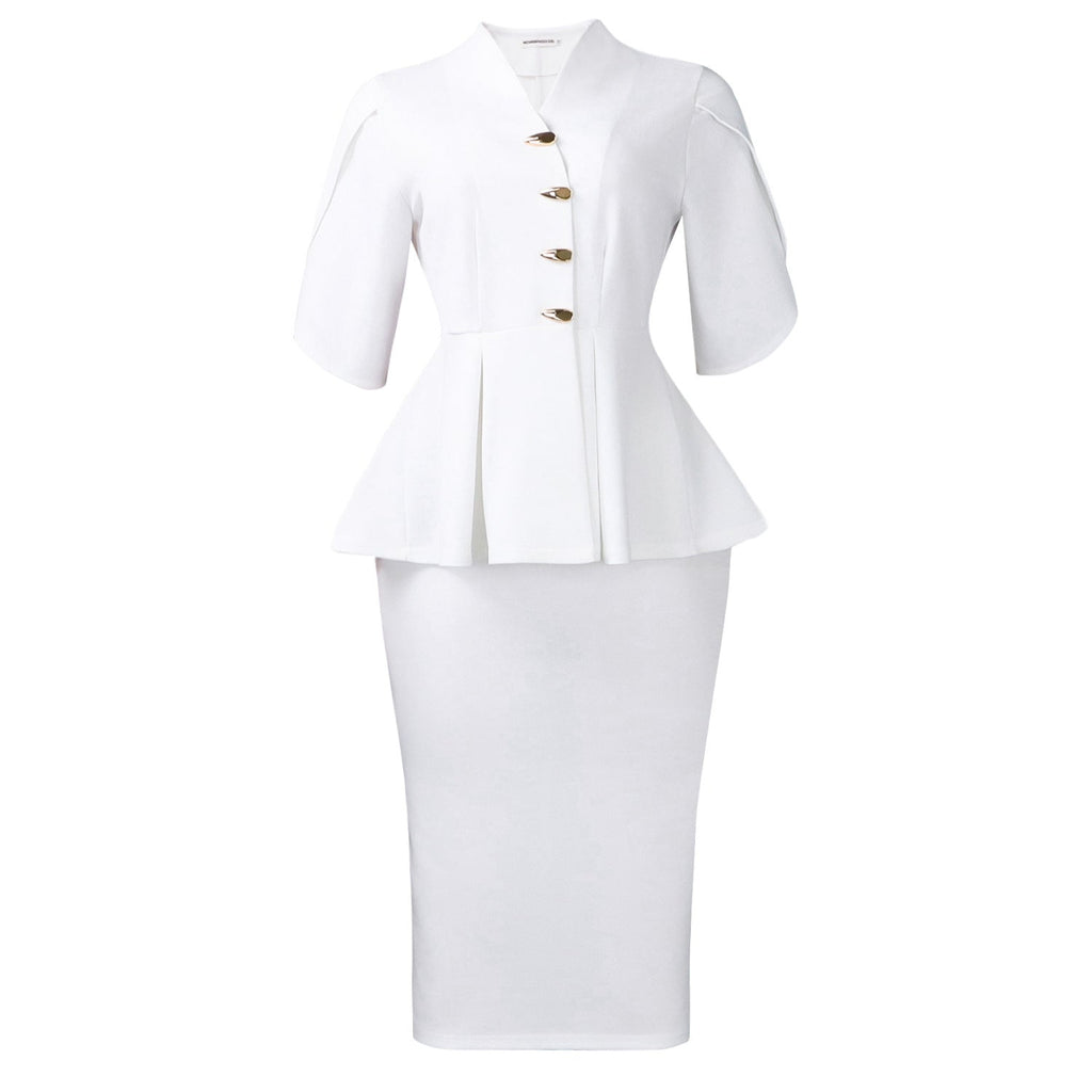 Women Clothing Short Sleeve Elegant Ruffled Hip Split Solid Color Set Bella Mia