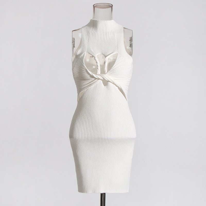 Sexy Sleeveless Elegant Design Hollow Out Cutout Twist Slim Fit Slimming Knitted Dress Women