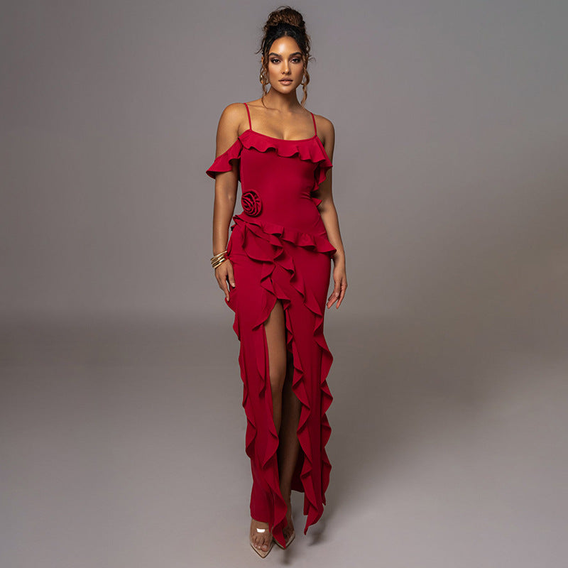 Spring Sexy Solid Color Backless Slit Splicing Sling Maxi Dress Bella Mia