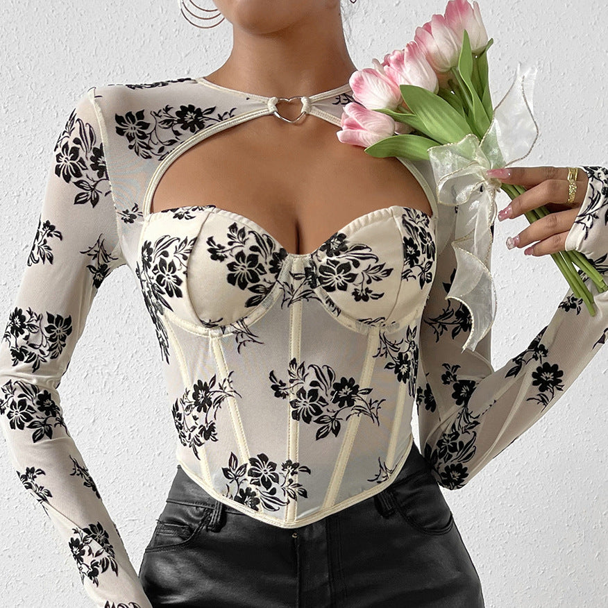 Sexy Hollow Out Cutout Sexy Low Cut Long-Sleeved T shirt Love Decorative Steel Ring Boning Corset Slim Top Bella Mia