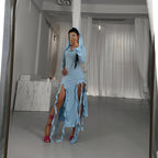 Summer Popular Trend Ruffled Stitching Long Sleeve Hooded Irregular Asymmetric Dress Bella Mia