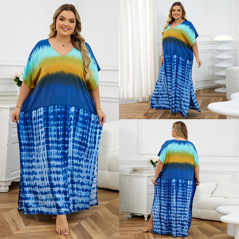 Rayon Positioning Print Holiday Loose Robe Beach Jacket Dress Bikini Cover up Blouse
