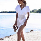 Summer Beach Dress Sexy Slit Short Sleeve Hollow Out Cutout out Strap Bikini Sun Shield Hanfu Long Robe Dress Crochet hook Crochet hook Crochet hook Bella Mia
