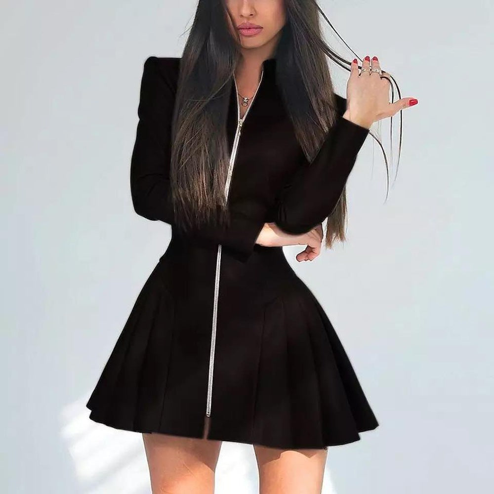Women Fashionable Fitted Long Sleeve Pleated Faux Leather Zipper Dress Bella Mia