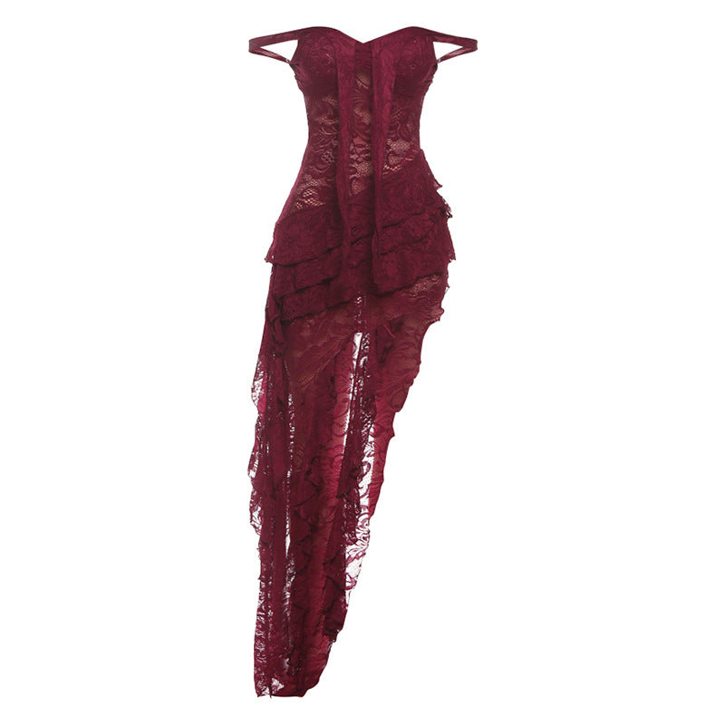 Women Clothing Summer Lace Sexy Slim Fit Tied Hollow Out Cutout out See through Irregular Asymmetric Tube Top Dress Bella Mia