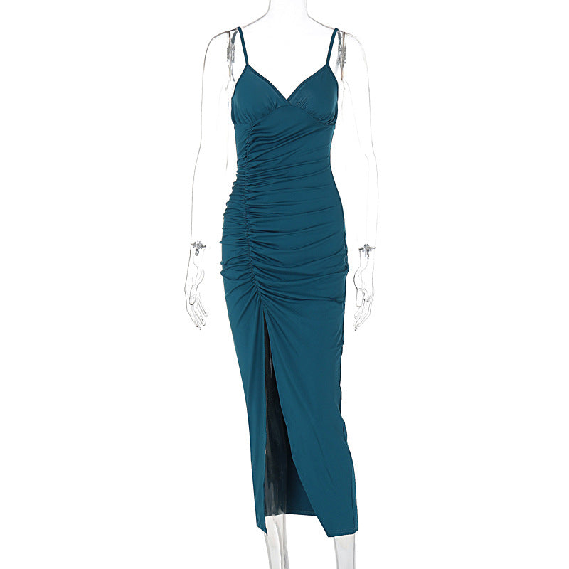 Women Clothing Summer Solid Color Sling Slim Fit Fold Split Dress Bella Mia
