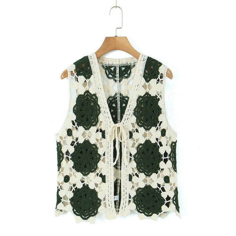 Spring Arrival Contrast Color Crocheted Top Comfort Casual Women Clothing Hong Kong Retro Hollow Out Cutout Design Vest Bella Mia