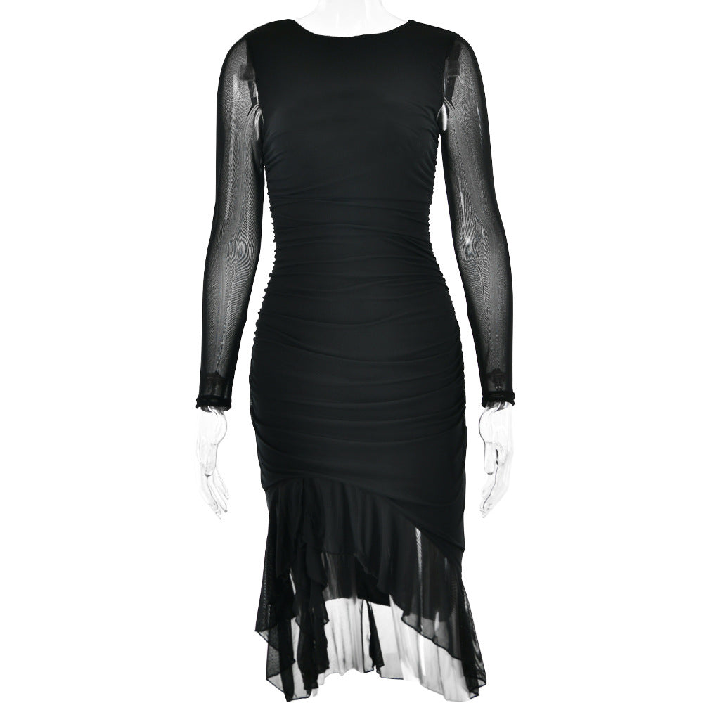 Autumn Sexy Trend Round Neck Slim Fit Long Sleeved Mesh Stitched Backless Sheath Dress Bella Mia