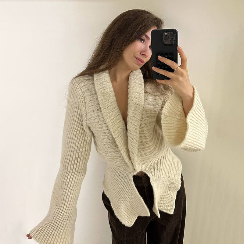 Autumn Winter Women Clothing Deep V Plunge neck Sexy Hollow Out Cutout Loose Sweater Cardigan Coat Bella Mia