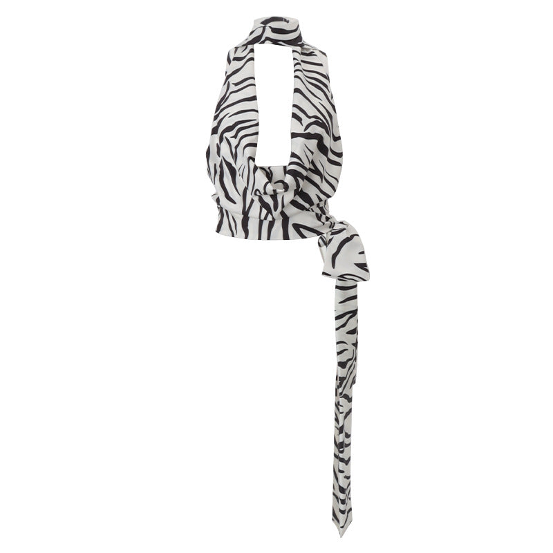 Women Clothing Summer Sexy Zebra Pattern Swing Collar Hollow Out Cutout out Short Vest Top Bella Mia