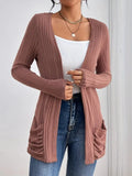 Autumn Winter Elegant Mid Length Long Sleeve Pocket Casual Loose Solid Color Needle Bella Mia