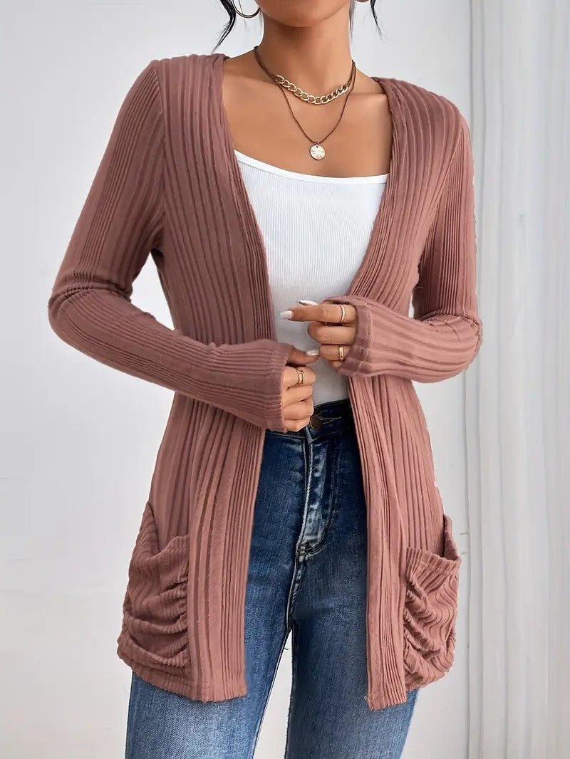 Autumn Winter Elegant Mid Length Long Sleeve Pocket Casual Loose Solid Color Needle Bella Mia
