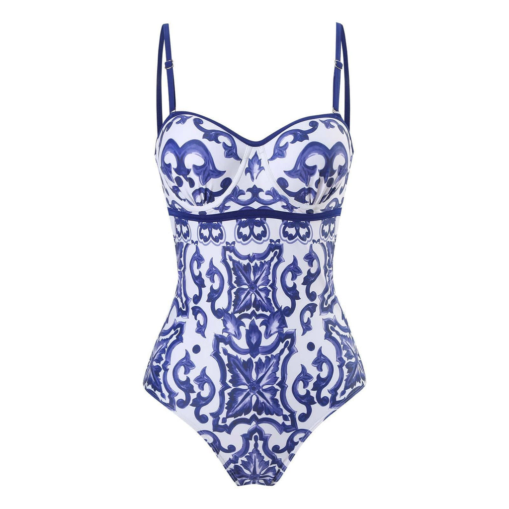 One Piece Swimsuit Women Skinny Slimming Vintage Printed Chiffon Dress with Steel Bracket Hard Bag Swimsuit Bella Mia