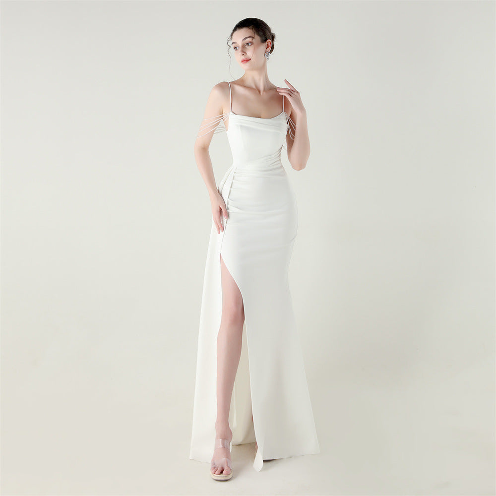 Bandeau Sling Satin Craft Beaded Chain Fishtail Evening Dress Dinner Wedding Ball Bella Mia