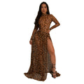 Women Wear Sexy Leopard Print Long Sleeve Split Dress Bella Mia