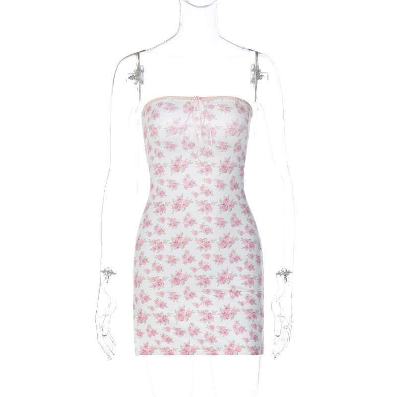 Women Clothing Fresh Sweet Sexy Wrapped Chest Sheath Tied Back All Match Floral Dress Bella Mia