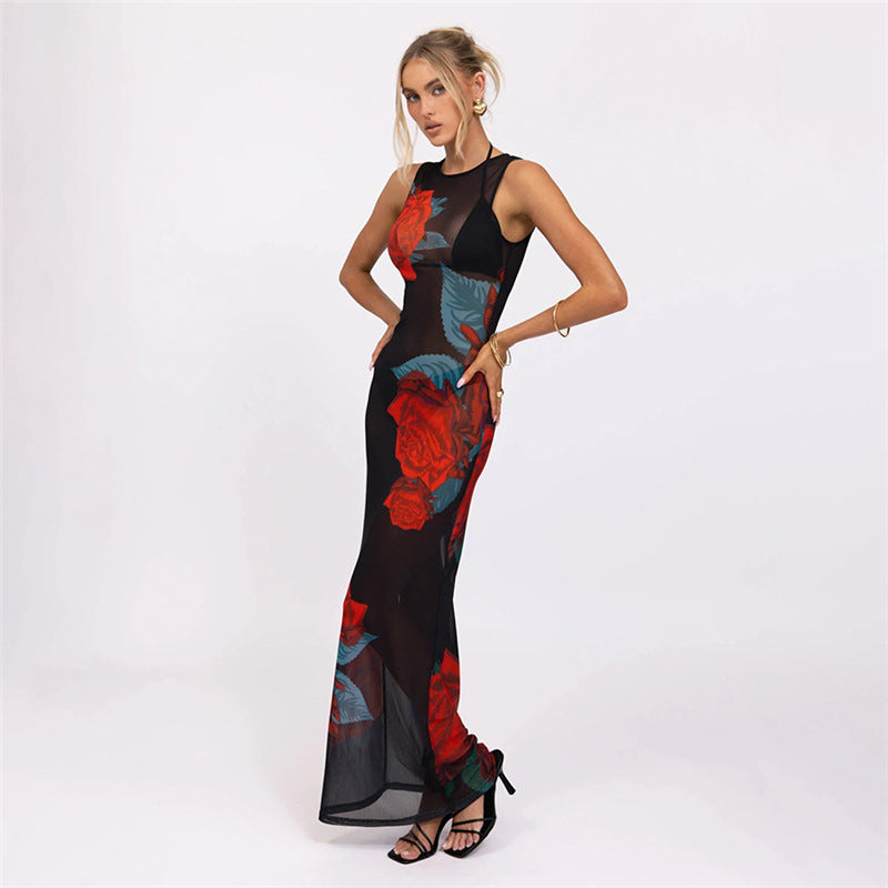 Summer Women Clothing Personalized Stylish Print Round Neck Slim Mesh Sexy Sheath Dress Bella Mia