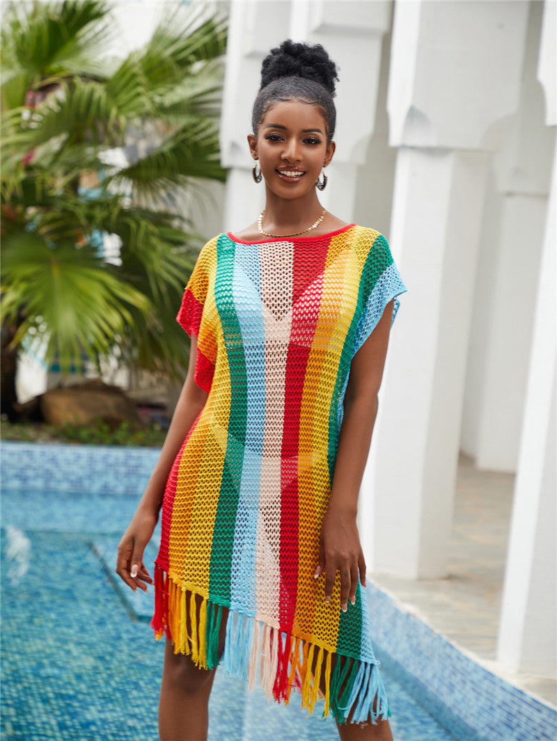 Knitted Striped Beach Blouse Sexy Hollow Out Cutout Tassel Holiday Sun Protection Shirt Beach Cover Up Bella Mia