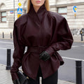 Retro Wine Red Autumn Winter Leather Coat Women Long Sleeve Stand Collar Belt Waist Tight Figure Flattering Leather Jacket Bella Mia