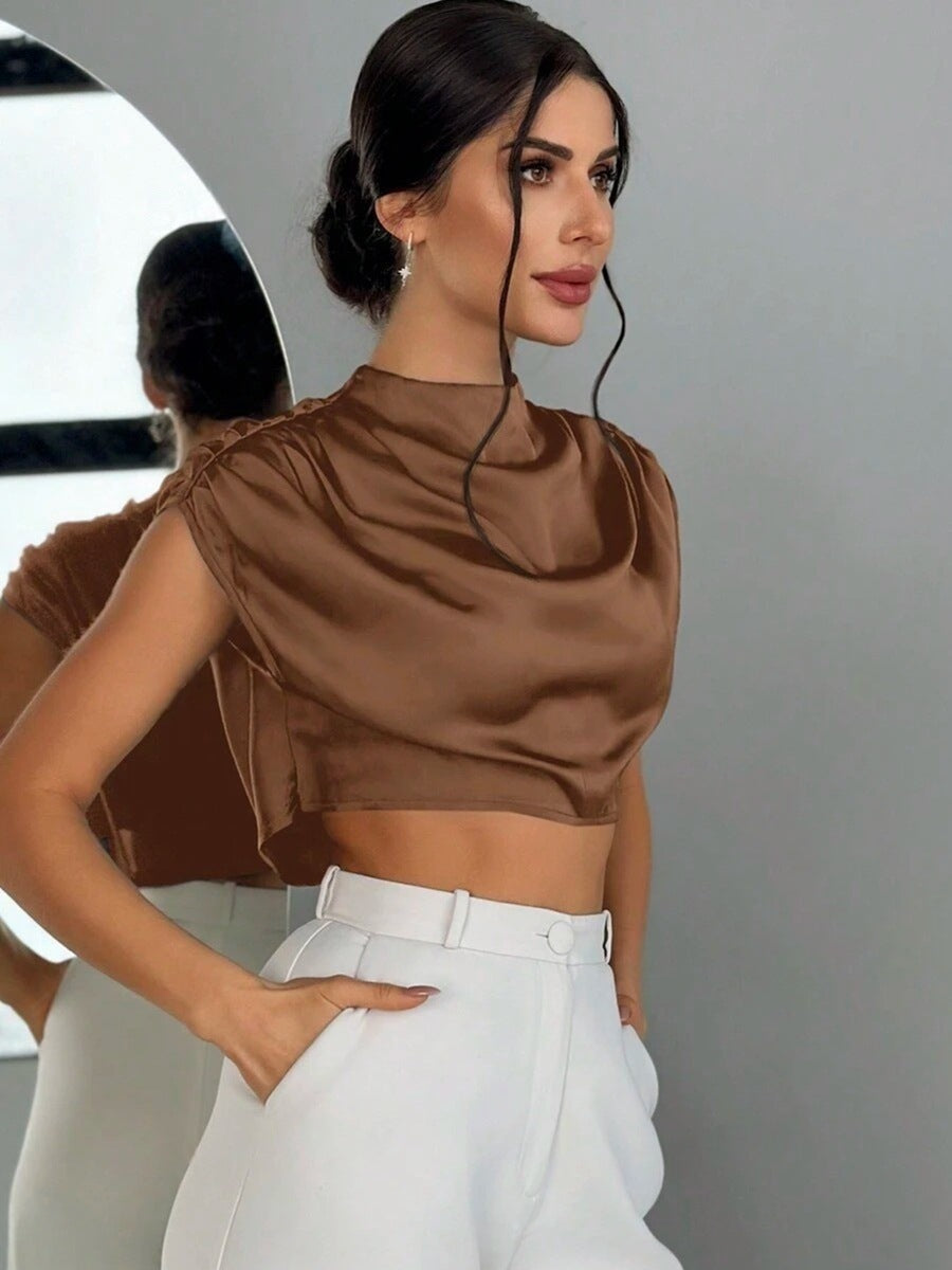 Women Clothing Pleated Batwing Sleeve Satin Shirt Stand Alone Satin Artificial Silk Short Top Bella Mia