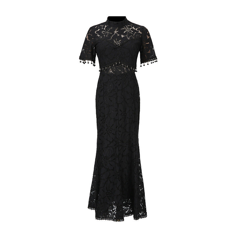 French Sneaky Design Light Luxury Dress Autumn Stand Collar Short Sleeve Lace Hollow Out Cutout Sheath Dress for Women Bella Mia
