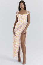 Summer French Strap Wooden Ear Sexy Split Printing Dress Bella Mia