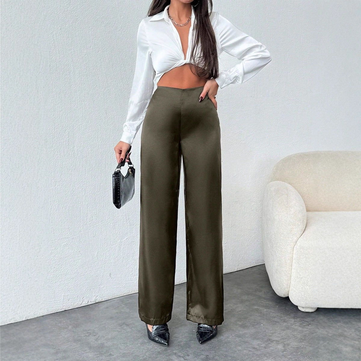 Women Clothing Autumn Satin Casual Pants Loose Black Satin Wide Leg Pants Bella Mia