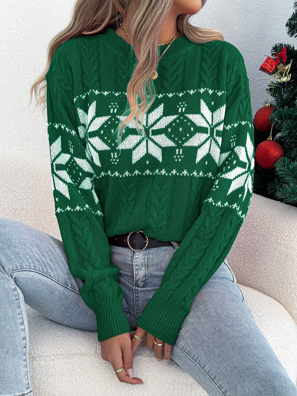 Fall Winter Snowflake Pattern Lantern Long Sleeve Pullover Women Clothing Christmas Bella Mia