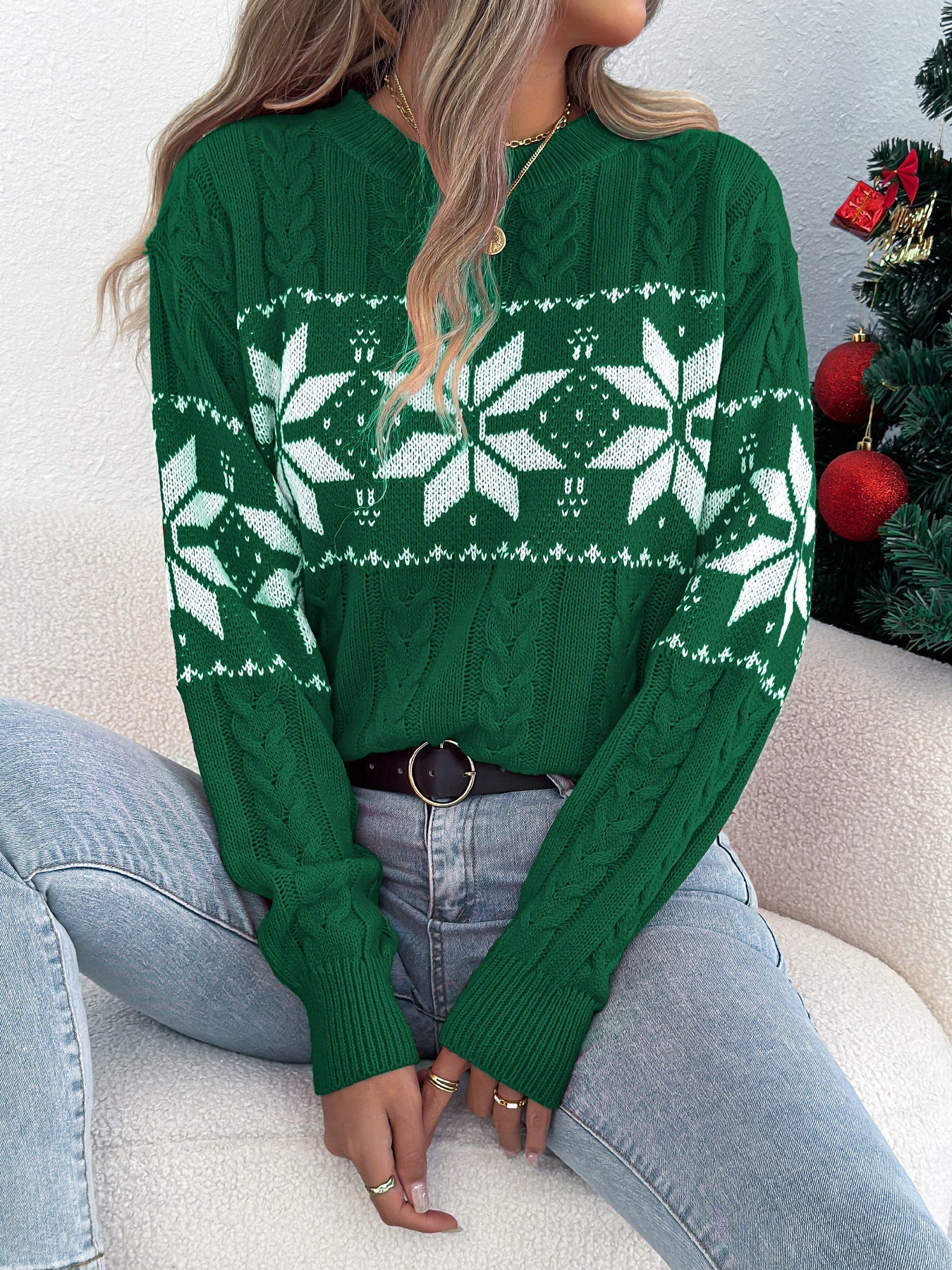 Fall Winter Snowflake Pattern Lantern Long Sleeve Pullover Women Clothing Christmas Bella Mia