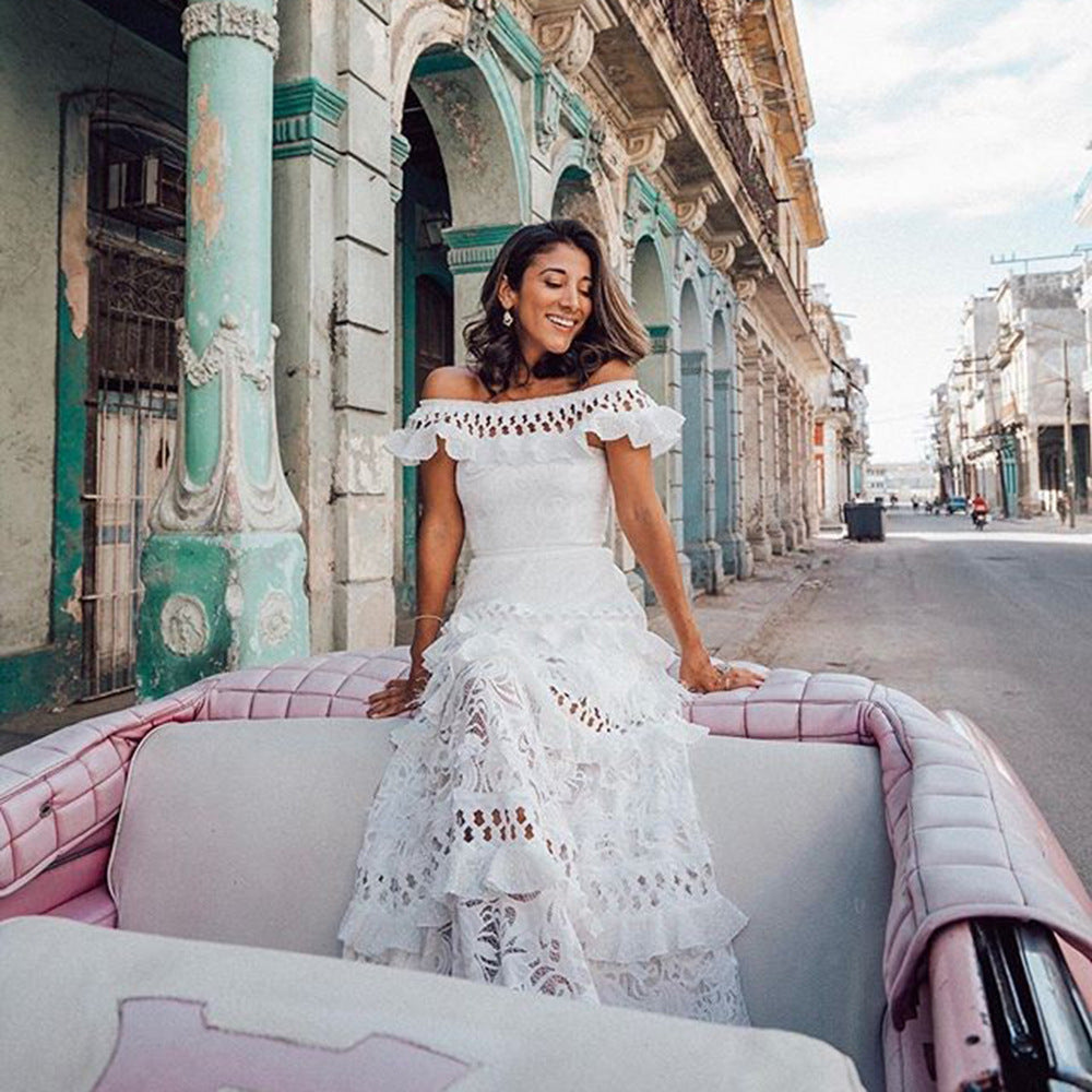 Summer Women Clothing off Shoulder Ruffled Hollow Out Cutout Wide Hem Lace Long Dress Bella Mia