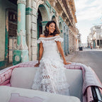 Summer Women Clothing off Shoulder Ruffled Hollow Out Cutout Wide Hem Lace Long Dress Bella Mia