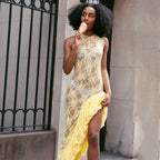 Sleeveless round Neck Dress Summer Sexy Lace See through Irregular Asymmetric Maxi Dress Women Bella Mia