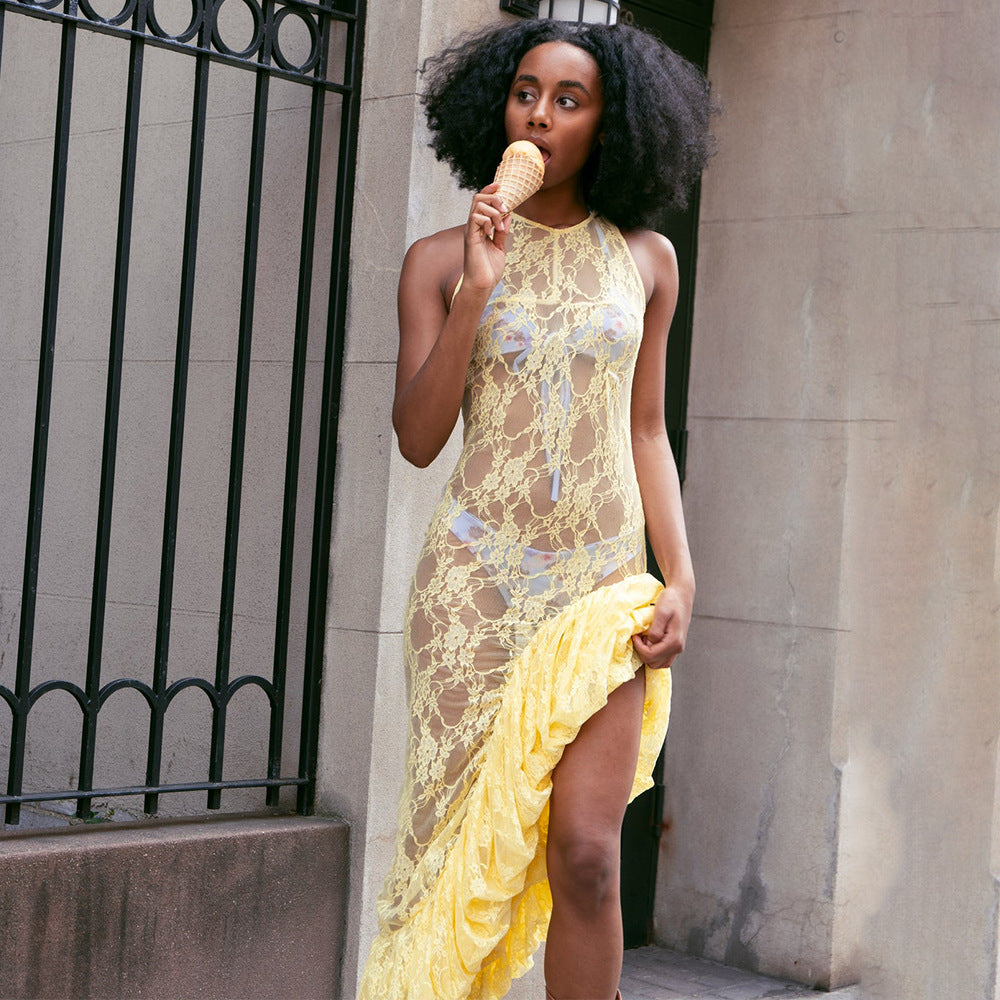 Sleeveless round Neck Dress Summer Sexy Lace See through Irregular Asymmetric Maxi Dress Women Bella Mia