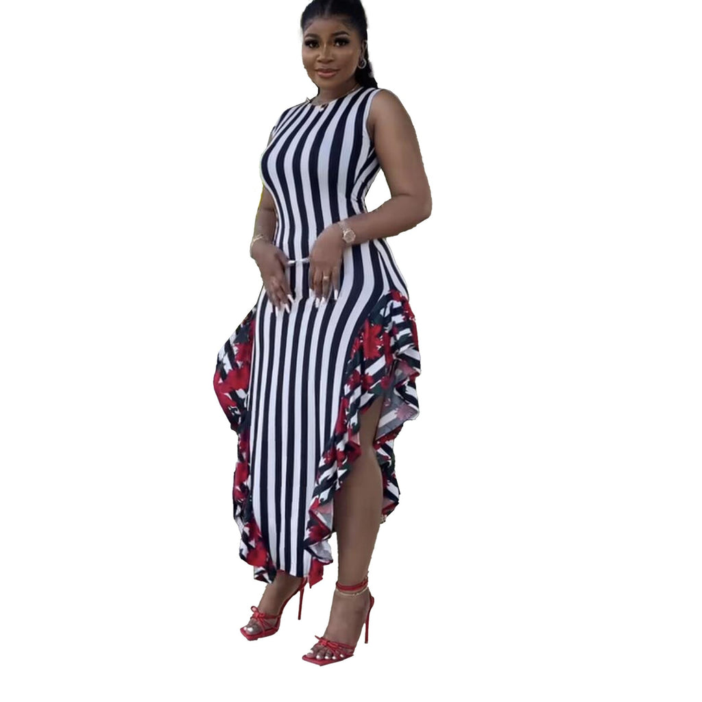 Women Clothes Stitching Printing Striped Stitching Wooden Ear Sleeveless Vest Dress Bella Mia