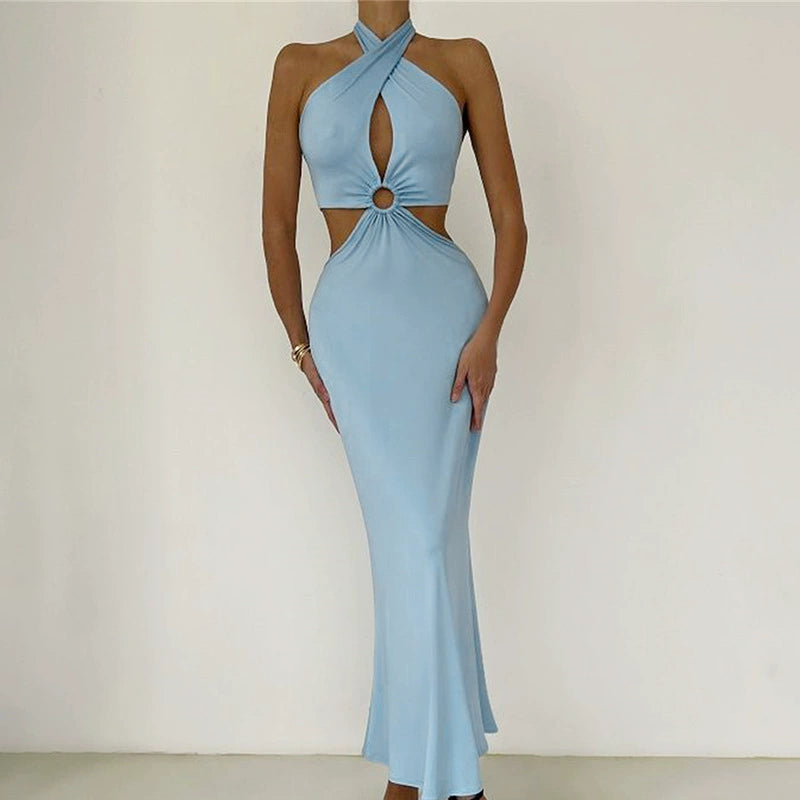 Splice Neck Strap Open Back Long Skirt Halter Strap Backless Dress