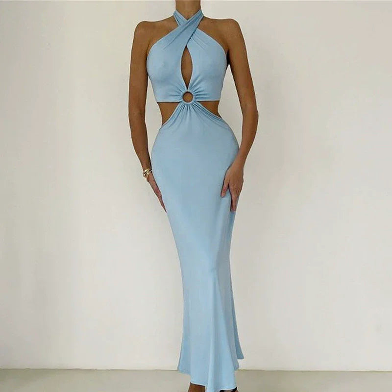 Splice Neck Strap Open Back Long Skirt Halter Strap Backless Dress Luxlife Brands