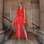 High End Women Clothing Tassel Red Dress Sexy V neck Side Cropped Outfit Sleeveless Cocktail Party Dress Bella Mia