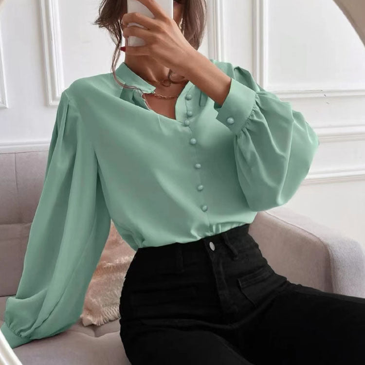 Women Shirt Autumn Elegant Solid Color Collared Long Sleeve Single Row Button Loose Women Top Bella Mia