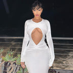 Women Clothing Autumn Sexy Cutout Slim Pleated Solid Color Long Sleeve Dress Bella Mia