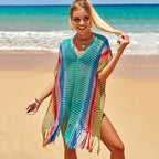 Rainbow Color Hollow Out Cutout Beach Cover up Seaside Holiday Bikini Cover Swimsuit Outwear Sun Protection Clothing Bella Mia