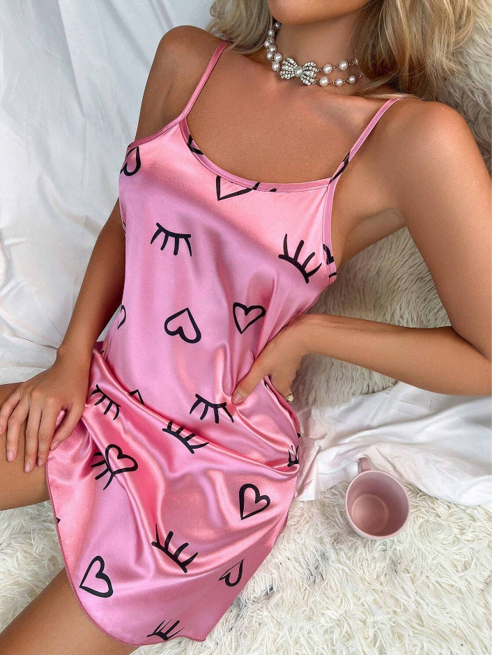 Women Ice Silk Strap Night Dress Sexy Backless Pajamas Women Thin Breathable Printed Suspender Dress Bella Mia