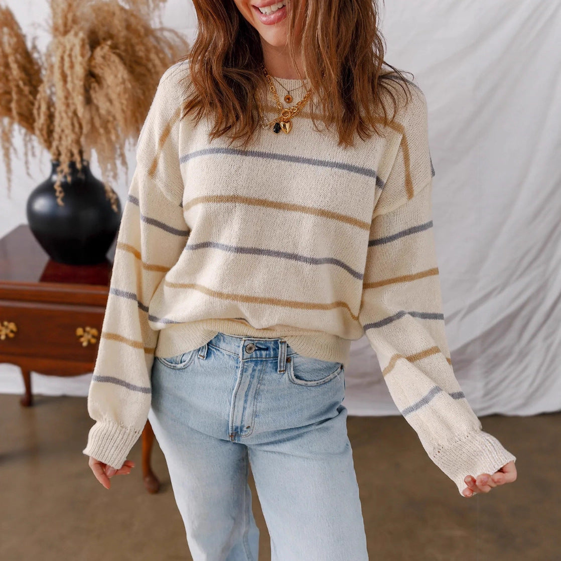 Women Casual Color Striped Pullover Long Sleeve Loose Sweater Bella Mia
