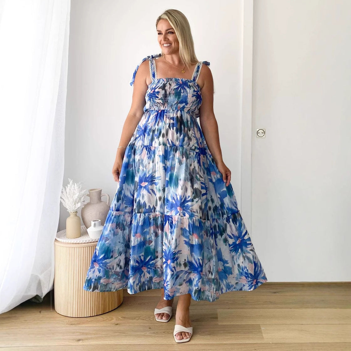 Spring Summer Floral Printed Sling Smocking Elastic Waist Knotted Shoulder Strap Large Swing Dress Long Bella Mia