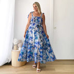 Spring Summer Floral Printed Sling Smocking Elastic Waist Knotted Shoulder Strap Large Swing Dress Long Bella Mia
