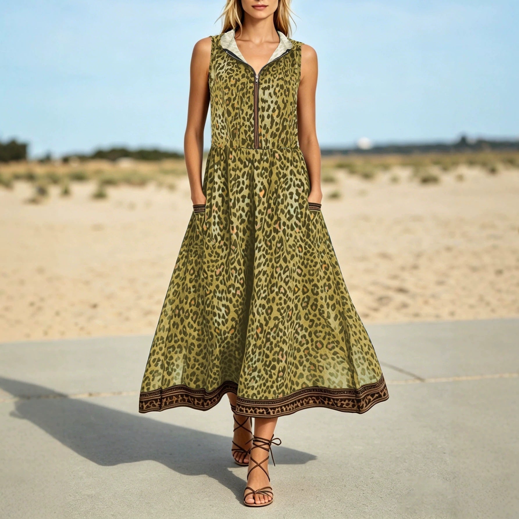 Casual Leopard Print Printed Dress Hooded Zipper Pocket Beach Dress