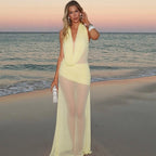 Summer Women Clothing Solid Color Sexy Swing Collar Mesh See through Maxi Dress Bella Mia