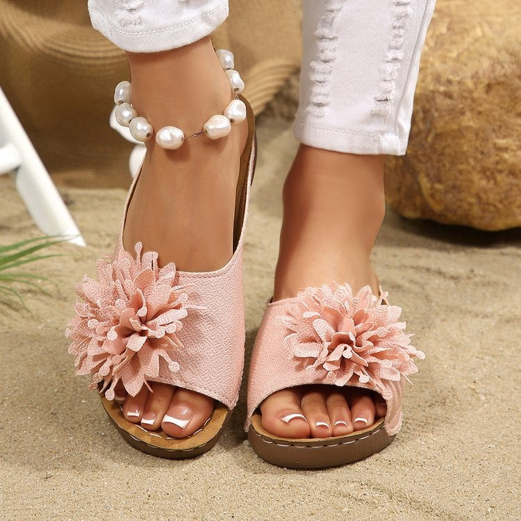 Floral Cloth Wedge Slippers Women Outdoor Seaside Platform Beach Slippers