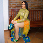 Stitching Women Printed Slim Fit Pleated Hip round Neck Long Sleeve Split Dress Bella Mia