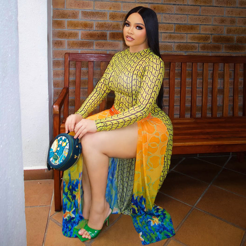 Stitching Women Printed Slim Fit Pleated Hip round Neck Long Sleeve Split Dress Bella Mia